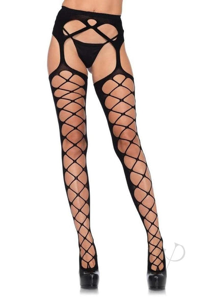 Leg Avenue Diamond Net Opaque Stockings with Attached Garterbelt - Os - Black