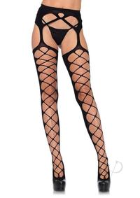 Leg Avenue Diamond Net Opaque Stockings with Attached Garterbelt - Os - Black