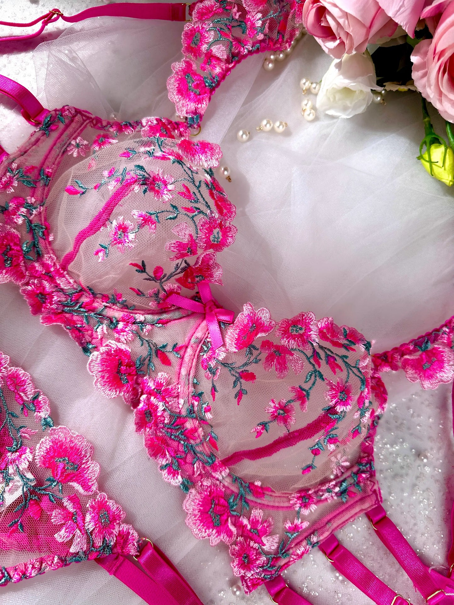 Pink Blossom Embroidery Lingerie Set