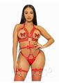 Leg Avenue Convertible Vegan Leather O-ring Studded Harness Teddy with Panty-straps, and Bow - Medium - Red