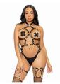 Leg Avenue Convertible Vegan Leather Heart Ring Studded Harness Teddy with Panty-straps, and Chain - Medium - Black