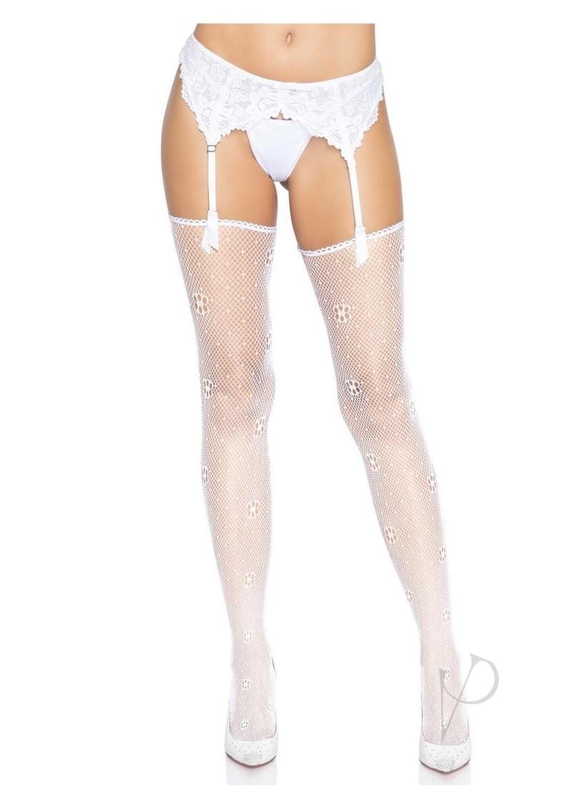 Leg Avenue Daisy Dot Fishnet Stockings with Scalloped Top - Os - White