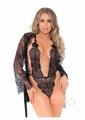 Leg Avenue Floral Lace Teddy with Adjustable Straps and Cheeky Thong Back Matching Lace Robe with Scalloped Trim and Satin Tie (3 Pieces) - Small - Black