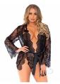 Leg Avenue Floral Lace Teddy with Adjustable Straps and Cheeky Thong Back Matching Lace Robe with Scalloped Trim and Satin Tie (3 Pieces) - Small - Black