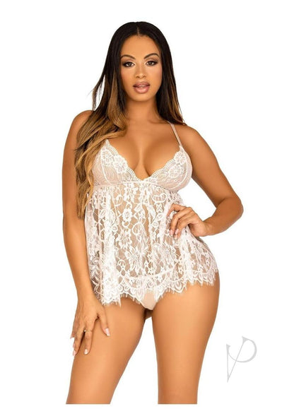 Leg Avenue Floral Lace Babydoll with Eyelash Lace Scalloped Hem Adjustable Cross-over Straps and G-string Panty - Medium - White