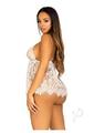 Leg Avenue Floral Lace Babydoll with Eyelash Lace Scalloped Hem Adjustable Cross-over Straps and G-string Panty - Medium - White