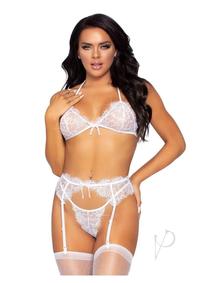 Leg Avenue Rhinestone Eyelash Lace Bra Top Garter Belt and G-string (3 Pieces) - Small - White
