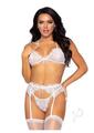 Leg Avenue Rhinestone Eyelash Lace Bra Top Garter Belt and G-string (3 Pieces) - Small - White
