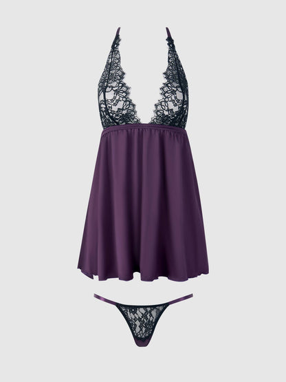 JOCELYN LACE & SATIN DROP OFF BABYDOLL & G-STRING SET