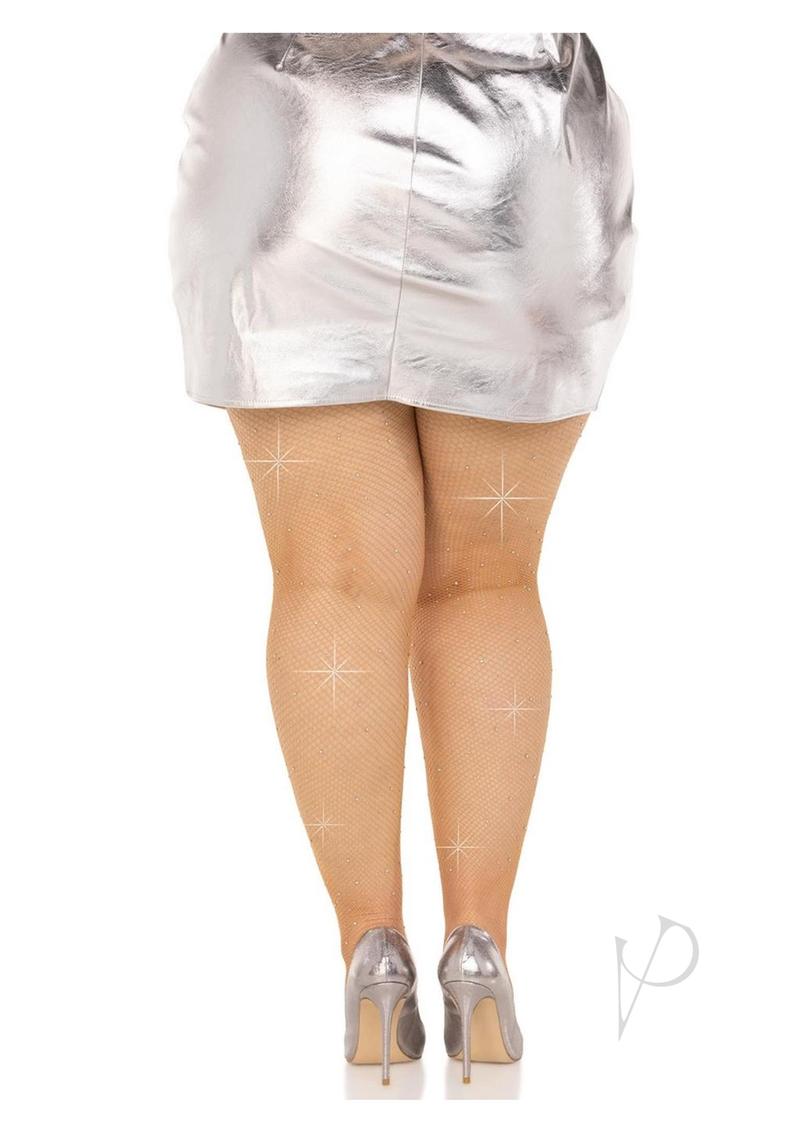 Leg Avenue Fishnet Crystalized Tights with Multi-sized Iridescent Rhinestones - Plus Size - Caramel