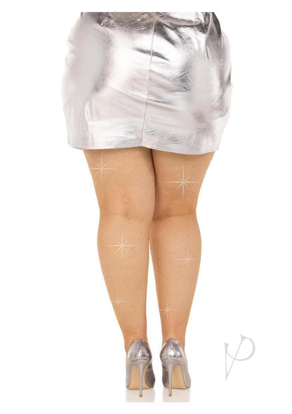 Leg Avenue Fishnet Crystalized Tights with Multi-sized Iridescent Rhinestones - Plus Size - Caramel
