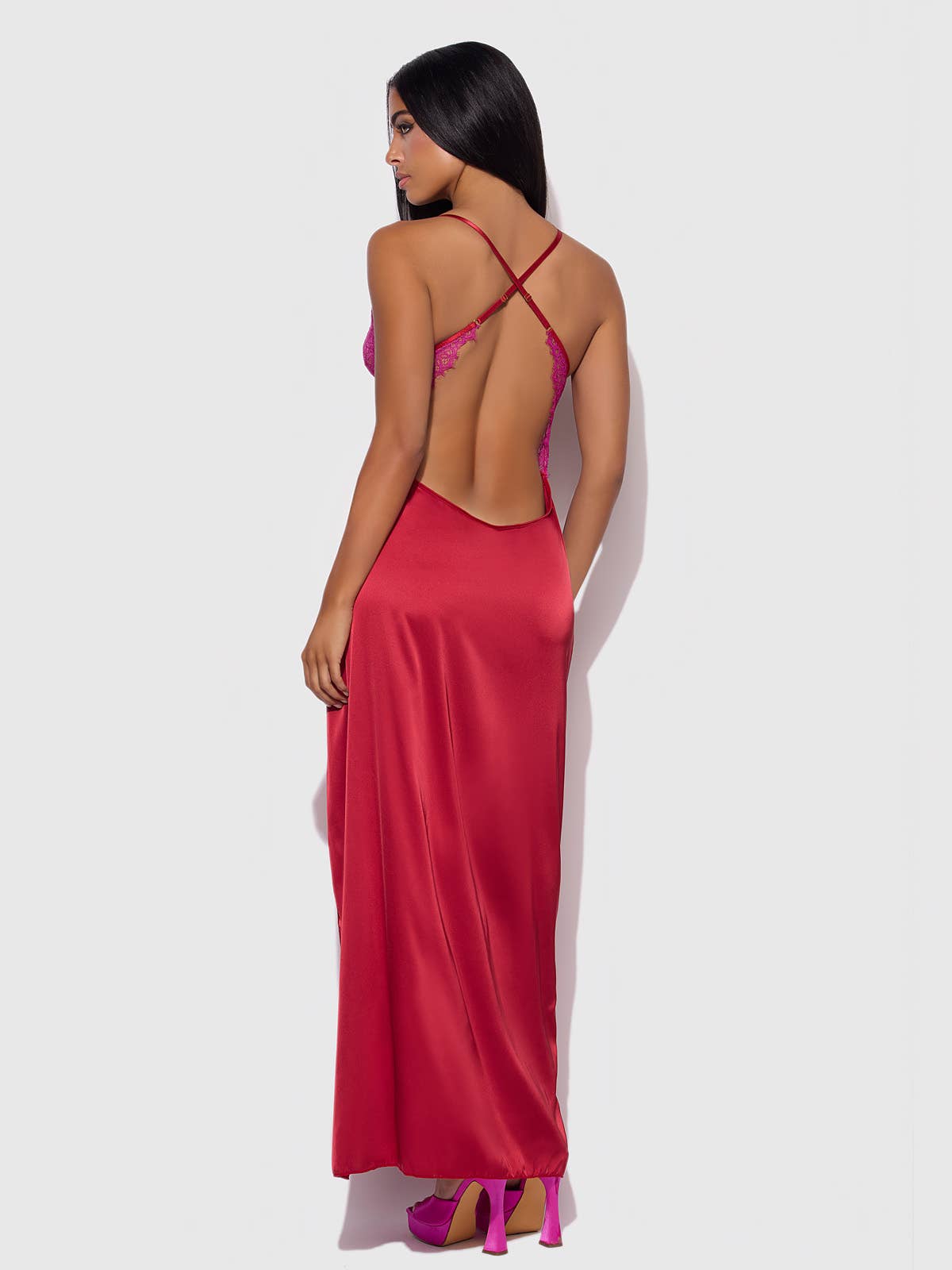 JOCELYN SATIN & LACE LONG HIGH SLIT GOWN