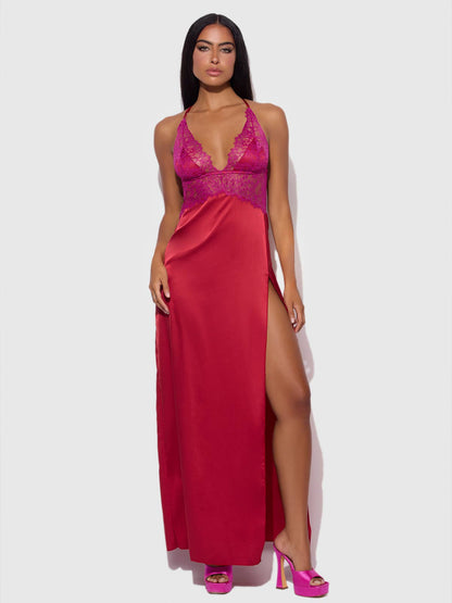 JOCELYN SATIN & LACE LONG HIGH SLIT GOWN