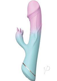Cotton Candy Jawbreaker Rechargeable Silicone Rabbit Vibrator with Clitoral Stimulator - Fuschia/aqua