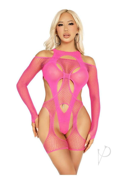 Leg Avenue Off-the-shoulder Fishnet Garter Harness and Layered Opaque Cut-out Teddy (2 Piece) - O/s