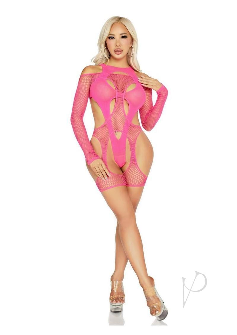 Leg Avenue Off-the-shoulder Fishnet Garter Harness and Layered Opaque Cut-out Teddy (2 Piece) - O/s
