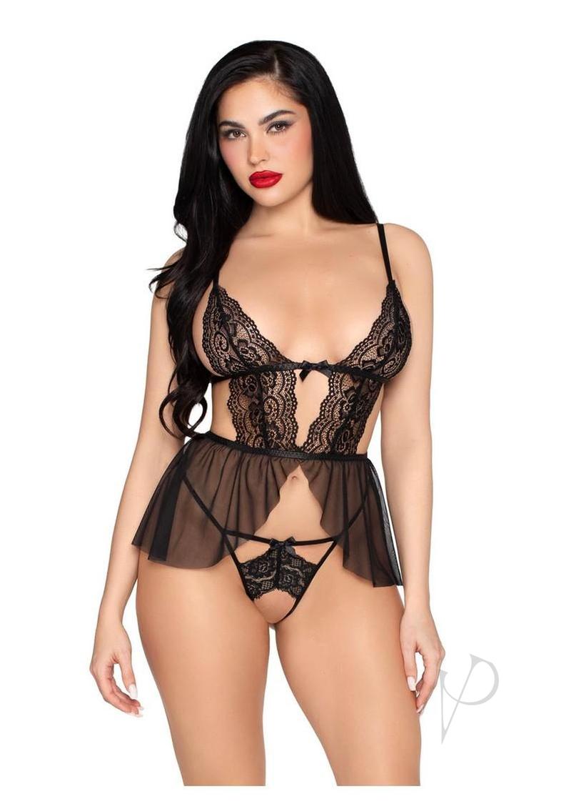 Leg Avenue Scalloped Lace and Mesh Babydoll and Matching Crotchless Panty (2 Piece) - Medium - Black