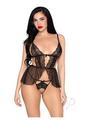 Leg Avenue Scalloped Lace and Mesh Babydoll and Matching Crotchless Panty (2 Piece) - Medium - Black