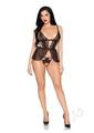Leg Avenue Scalloped Lace and Mesh Babydoll and Matching Crotchless Panty (2 Piece) - Large - Black
