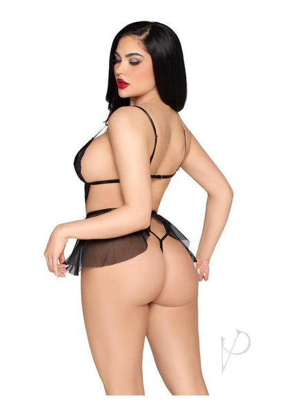 Leg Avenue Scalloped Lace and Mesh Babydoll and Matching Crotchless Panty (2 Piece) - Large - Black