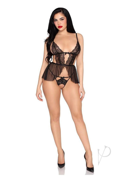 Leg Avenue Scalloped Lace and Mesh Babydoll and Matching Crotchless Panty (2 Piece) - Large - Black