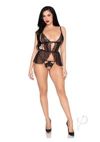 Leg Avenue Scalloped Lace and Mesh Babydoll and Matching Crotchless Panty (2 Piece) - Large - Black