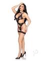Leg Avenue Lace and Sheer Cami Garter with Rosette Accent and Matching G-string Panty (2 Piece) - Large - Black
