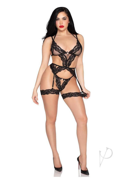 Leg Avenue Lace and Sheer Cami Garter with Rosette Accent and Matching G-string Panty (2 Piece) - Large - Black