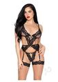 Leg Avenue Lace and Sheer Cami Garter with Rosette Accent and Matching G-string Panty (2 Piece) - Large - Black