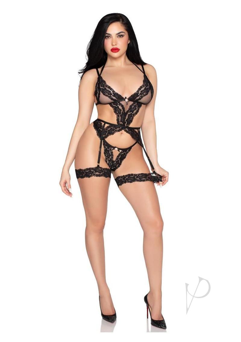 Leg Avenue Lace and Sheer Cami Garter with Rosette Accent and Matching G-string Panty (2 Piece) - Medium - Black