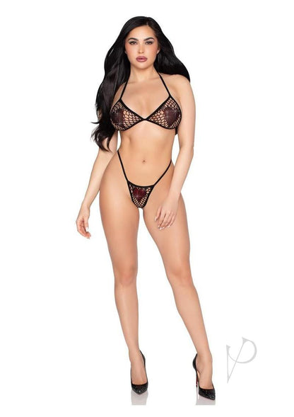 Leg Avenue Rhinestone Heart Fishnet Bra Top and G-string Panty (2 Piece) - Os - Black