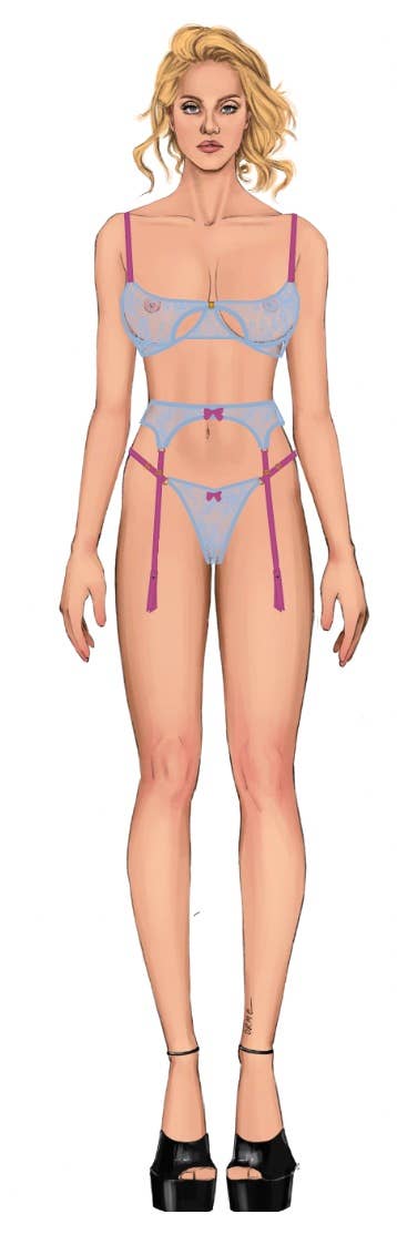 YVONE LACE OPEN CUP BRA, CROTCHLESS THONG & GARTER SET
