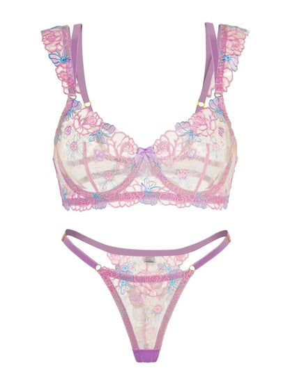 Purple Butterfly Bow Embroidered Flower Lingerie Set