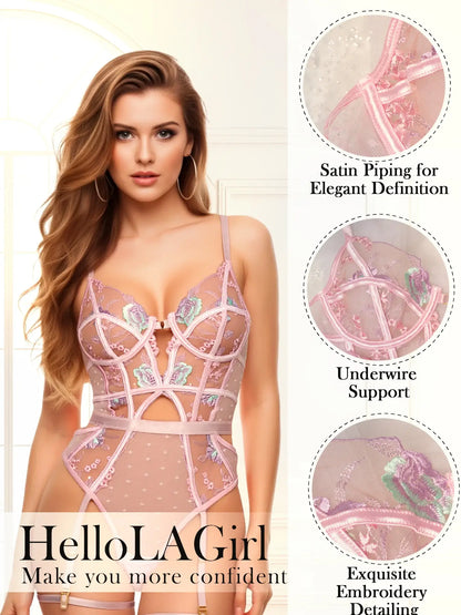 Pink Deluxe Floral Embroidered Lingerie