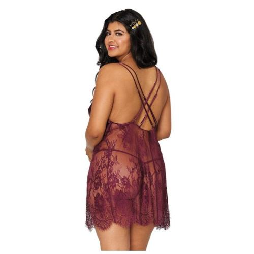 Cloud 9 Lingerie | Corpus Christi Sexy Lingerie Store | BURGUNDY EYELASH LACE CHEMISE SET | Available in Size 1x Only