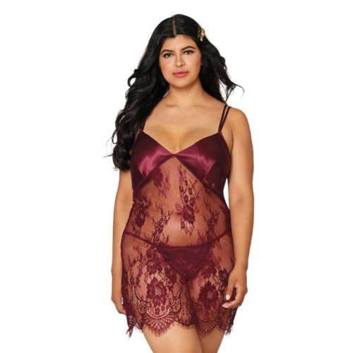 Cloud 9 Lingerie | Corpus Christi Sexy Lingerie Store | BURGUNDY EYELASH LACE CHEMISE SET | Available in Size 1x Only