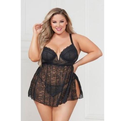 Cloud 9 Lingerie | Adult Lingerie Store in Corpus Christi | ELEGANT BLACK LACE PLUS SIZE BABYDOLL SET | Ships FREE to store