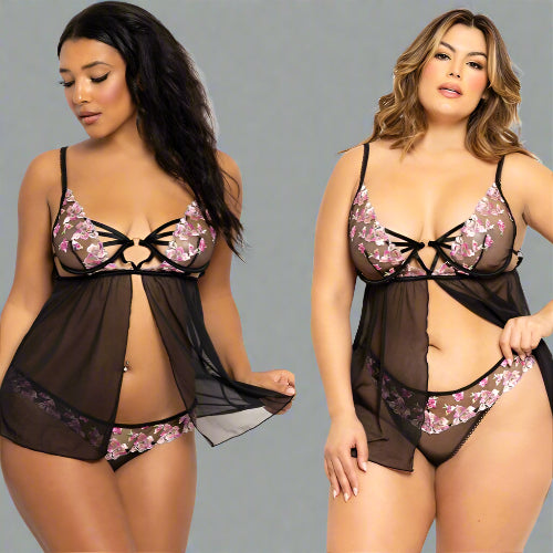 Cloud 9 Lingerie | Sexy Lingerie Store in Corpus Christi | Floral Mesh Flyaway Babydoll Set