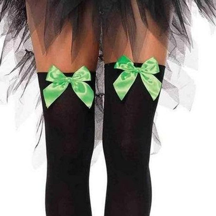 Cloud 9 Lingerie | Sexy Lingerie in Corpus Christi | BLACK OPAQUE THIGH HIGH STOCKINGS WITH GREEN SATIN BOWS