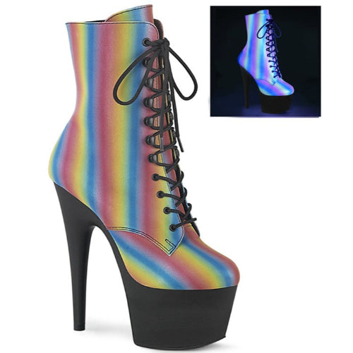 Rainbow striped high-heeled boot with a close-up inset showing the boot under black light.