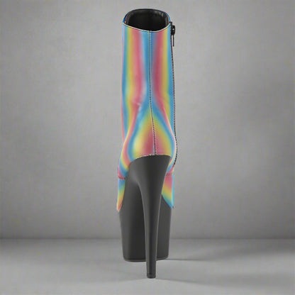 Multicolored striped high-heeled boot on a white background