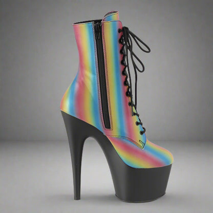 High-heeled boot with rainbow striped design on a white background