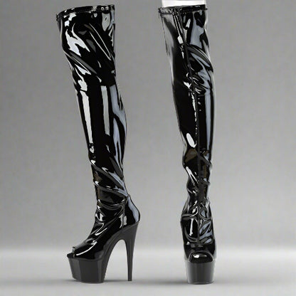 Cloud 9 Lingerie | Sexy Stripper Boots in Corpus Christi | 7-INCH PEEP-TOE PATENT LEATHER THIGH HIGH BOOTS