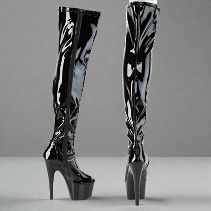 Cloud 9 Lingerie | Sexy Stripper Boots in Corpus Christi | 7-INCH PEEP-TOE PATENT LEATHER THIGH HIGH BOOTS