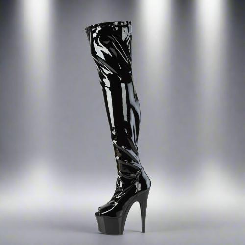 Cloud 9 Lingerie | Sexy Stripper Boots in Corpus Christi | 7-INCH PEEP-TOE PATENT LEATHER THIGH HIGH BOOTS