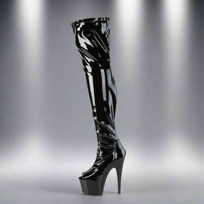 Cloud 9 Lingerie | Sexy Stripper Boots in Corpus Christi | 7-INCH PEEP-TOE PATENT LEATHER THIGH HIGH BOOTS