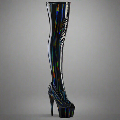 HOLOGRAPHIC PEEP TOE THIGH HIGH BOOTS
