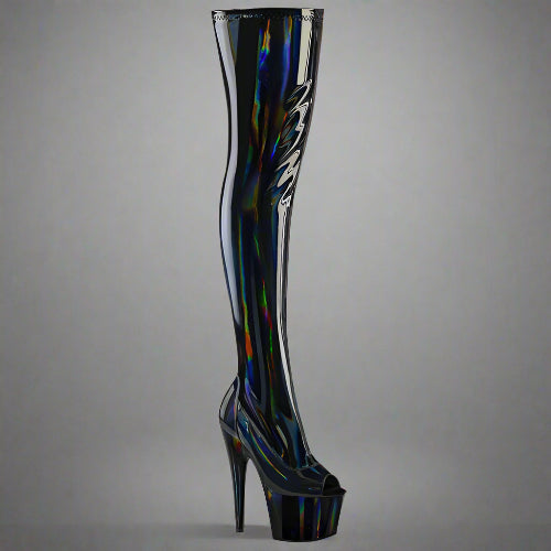 HOLOGRAPHIC PEEP TOE THIGH HIGH BOOTS