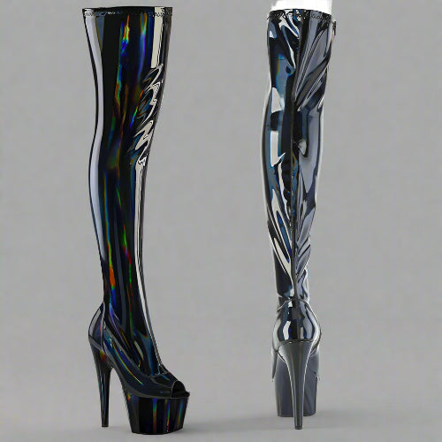 Black high-heeled boots with colorful accents on a white background
