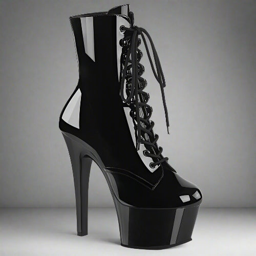 Black high-heeled platform boot with lace-up design on a white background